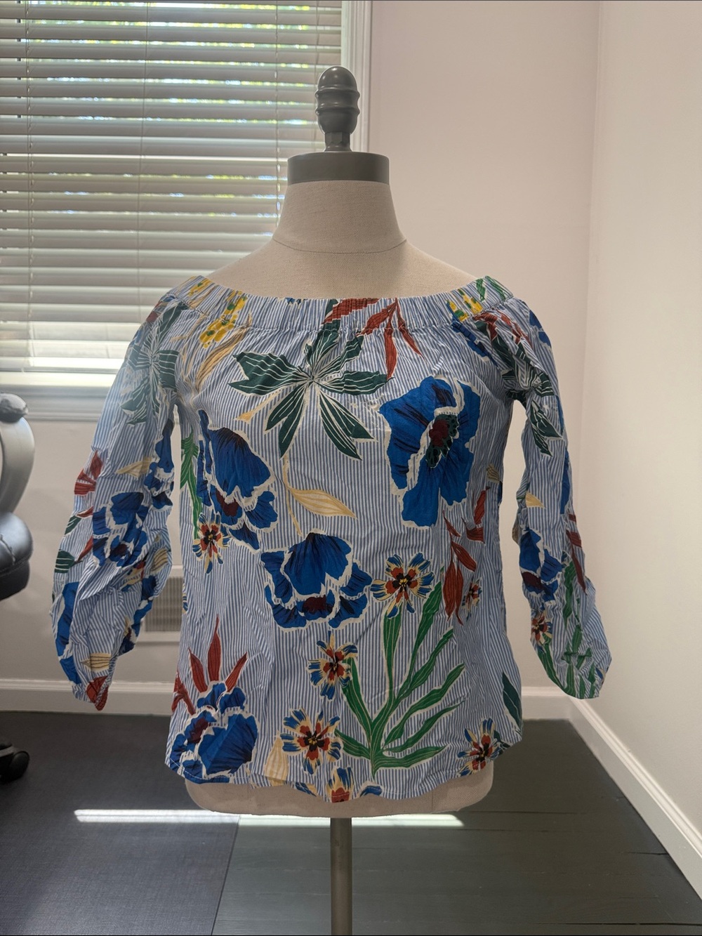 Zara Blue Floral Off-Shoulder Stripe Blouse
